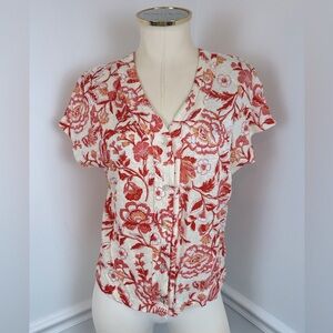 RACHEL ZOE Cream Orange Pink Red Lightweight Linen Short Sleeve Top | Size S